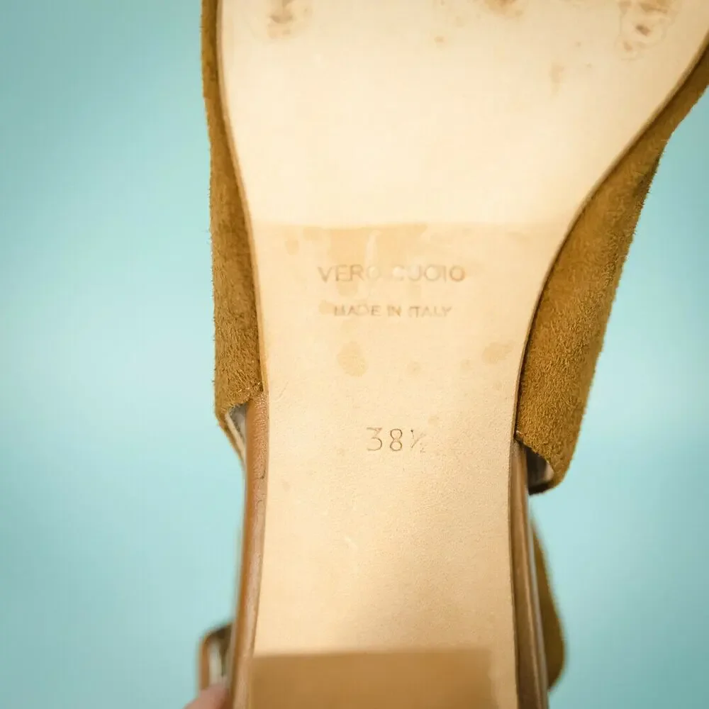 Barneys New York Size 38.5 8 Peep Toe Sandals Suede Blocked Buckle Brown Heels